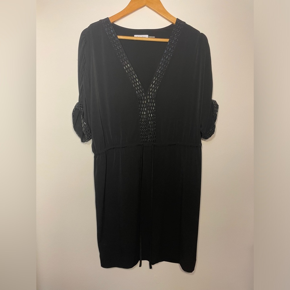 40-Calvin Klein Short Sleeve Midi Black Dress with Beading Size 12